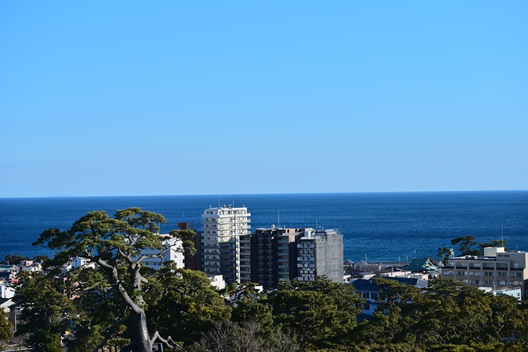 A view of a city with a body of water in the background